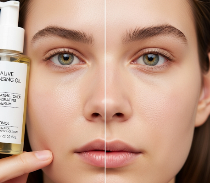 cleansing comparison video, skincare split screen